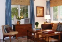 Elevate Your Windows with Formal Blue Curtains and Bamboo Blinds