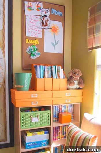 Close-up of organized art supplies and creative station in the playroom