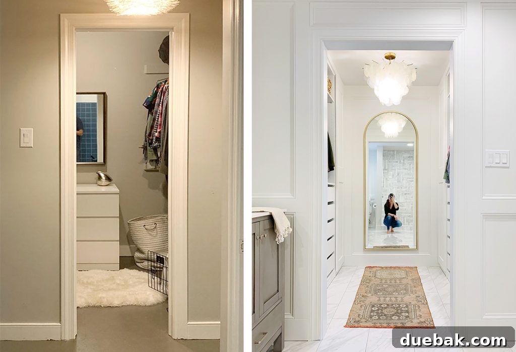 Before and after of a walk-in closet with custom Ikea Pax wardrobes, showing reflection of bathroom