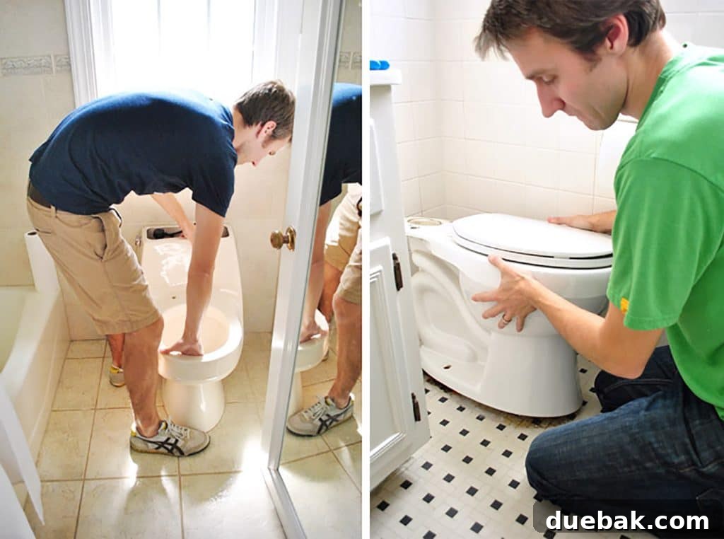 Homeowner installing a new toilet in a DIY bathroom project
