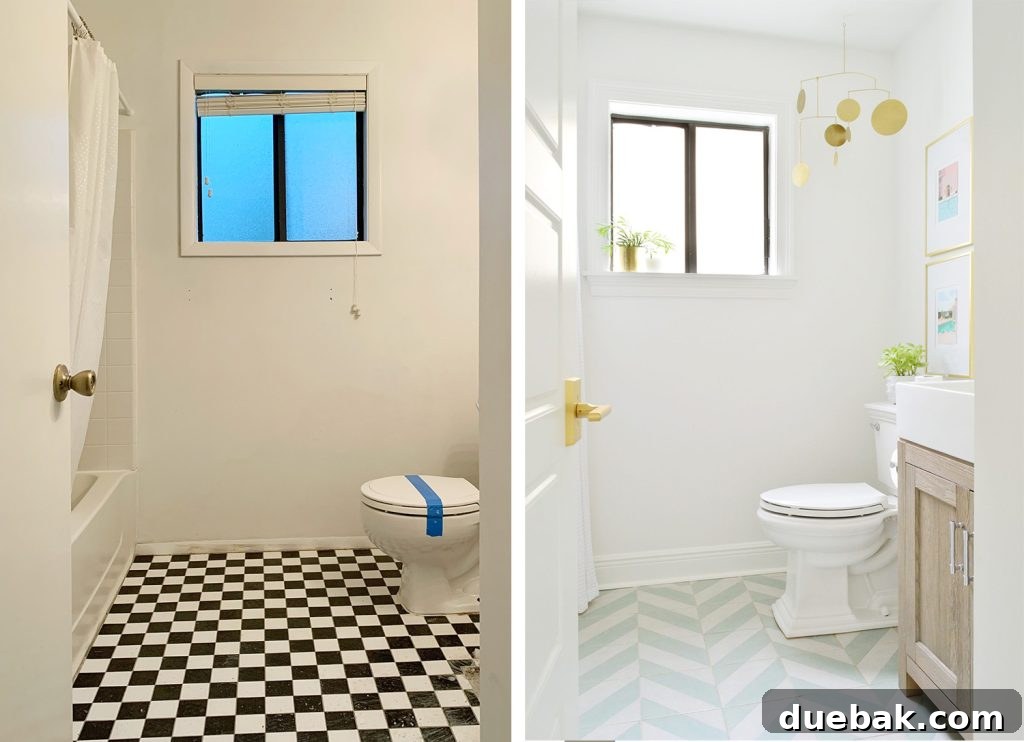 Before and After transformation of a Florida Bathroom with patterned floors and the Kohler Memoirs toilet