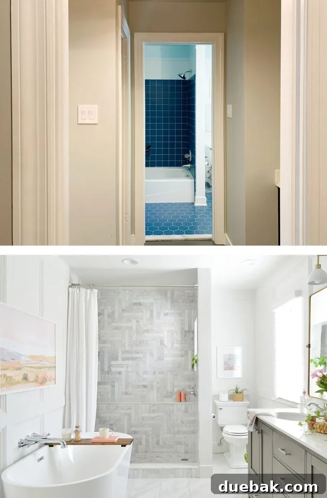 Before and after photo of a luxurious marble bathroom renovation remodel featuring the Kohler Memoirs toilet