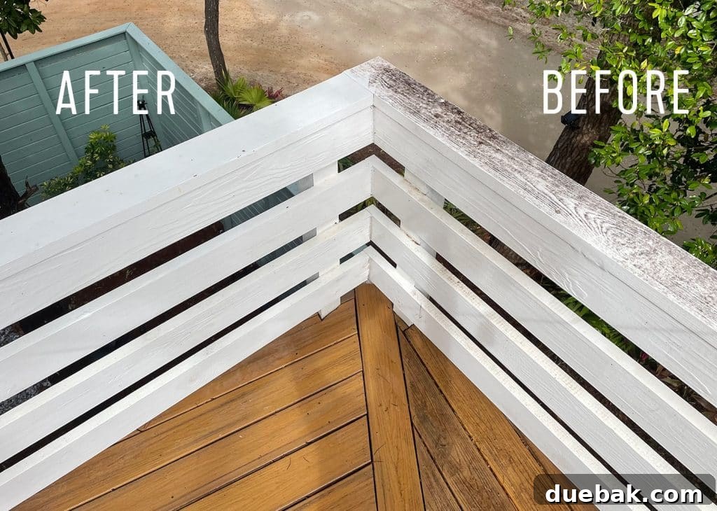 Essential Pressure Washer Tips For First Timers 19 Before And After of upper deck with half pressure washed railings and Trex decking