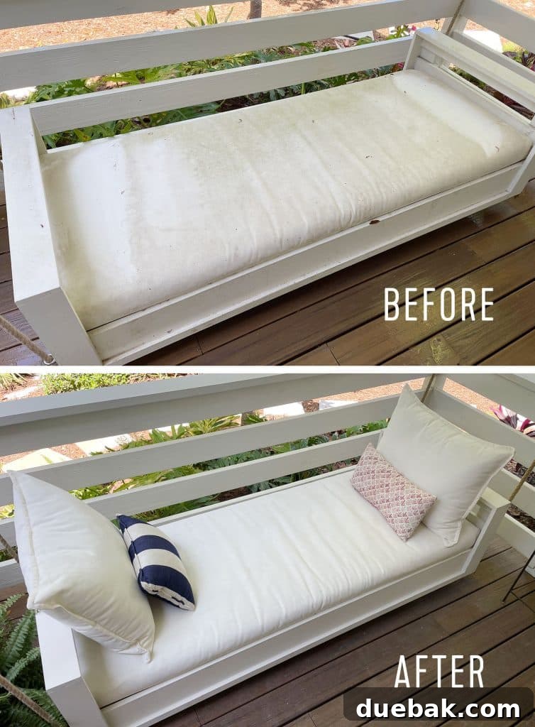 Essential Pressure Washer Tips For First Timers 21 Side-by-side Before and After of Pressure Washed Outdoor Swing Cushion