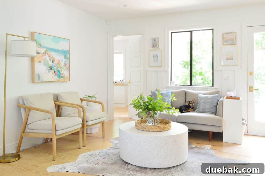 Beachy seating area with blonde wood accents and Penny the Chihuahua comfortably resting on a gray loveseat.