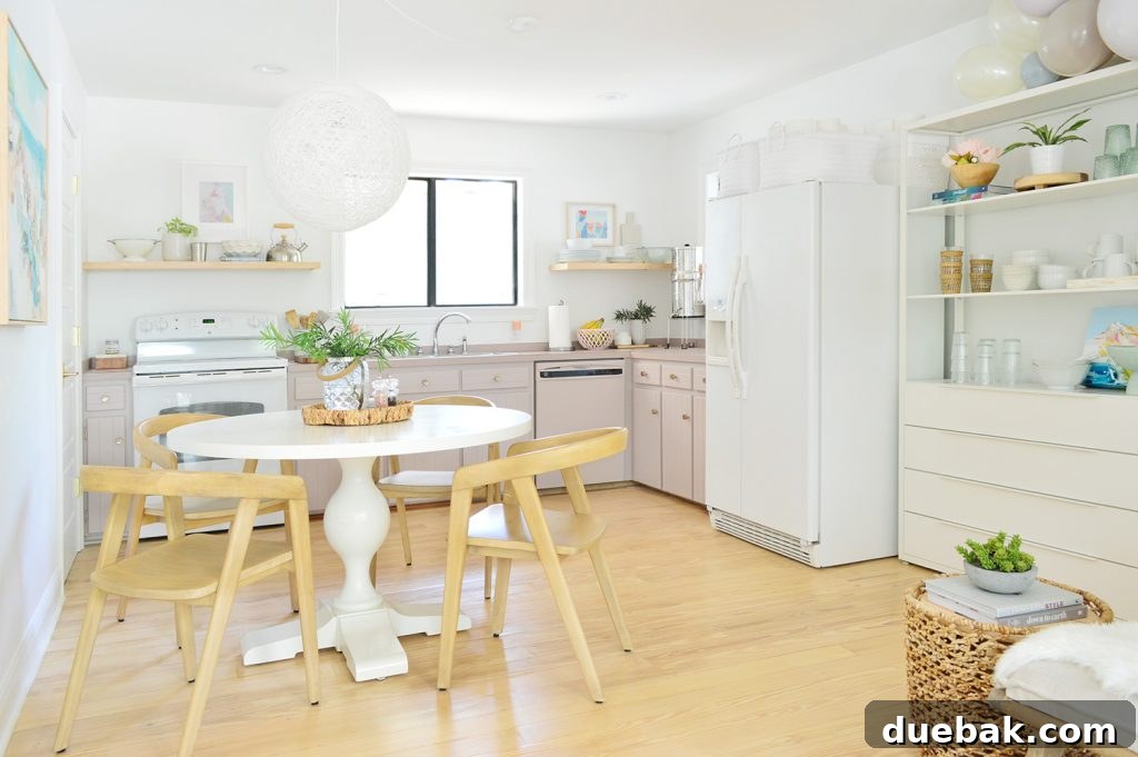 Kitchen showing early renovations with mauve cabinets, open shelving, and a simple dining setup.