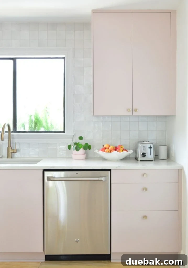 Upper Cabinet In Painted Ikea Kitchen With Gray Backsplash