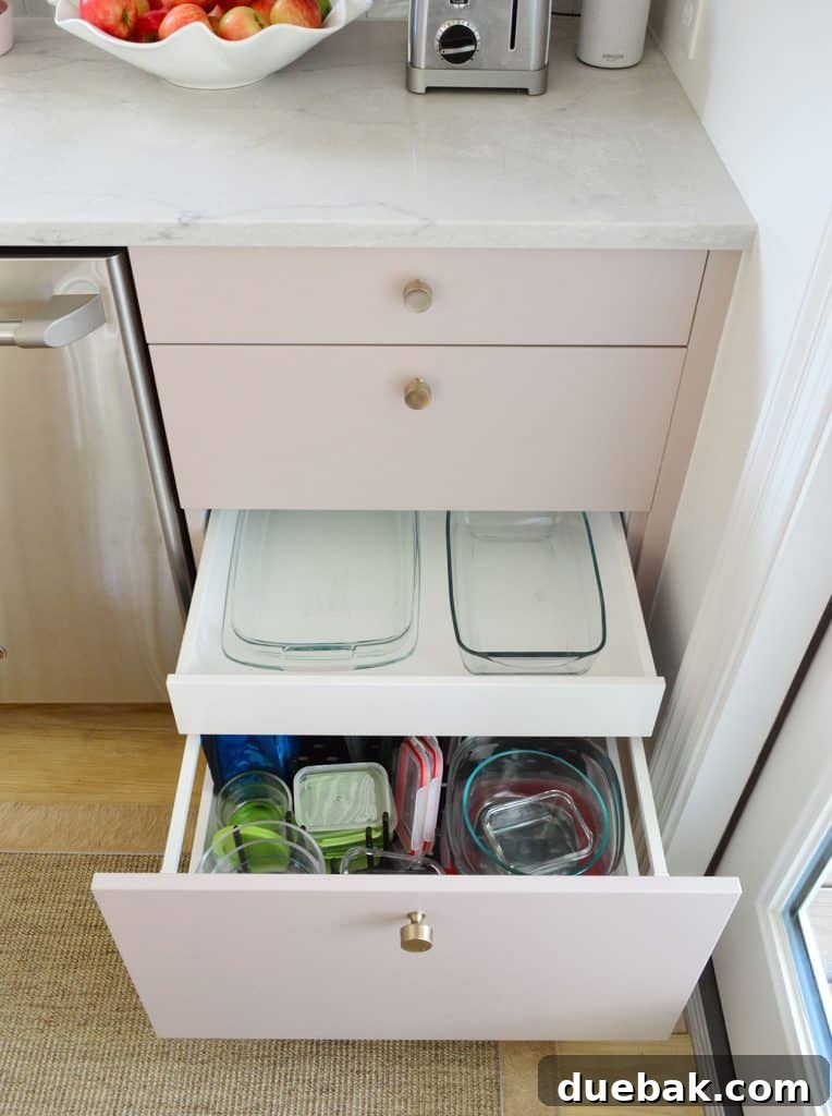 Hidden Drawer In Ikea Kitchen With Glass Bakeware