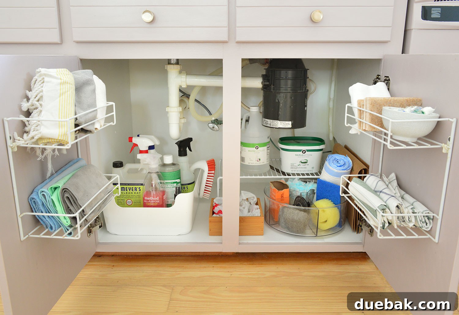 Before Photo Of Storage Under Sink In Old Cabinets With Wire Organizers