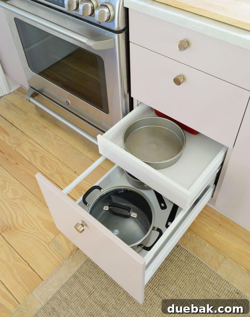 Hidden Drawer In Ikea Cabinets For Pans And Metal Bakeware