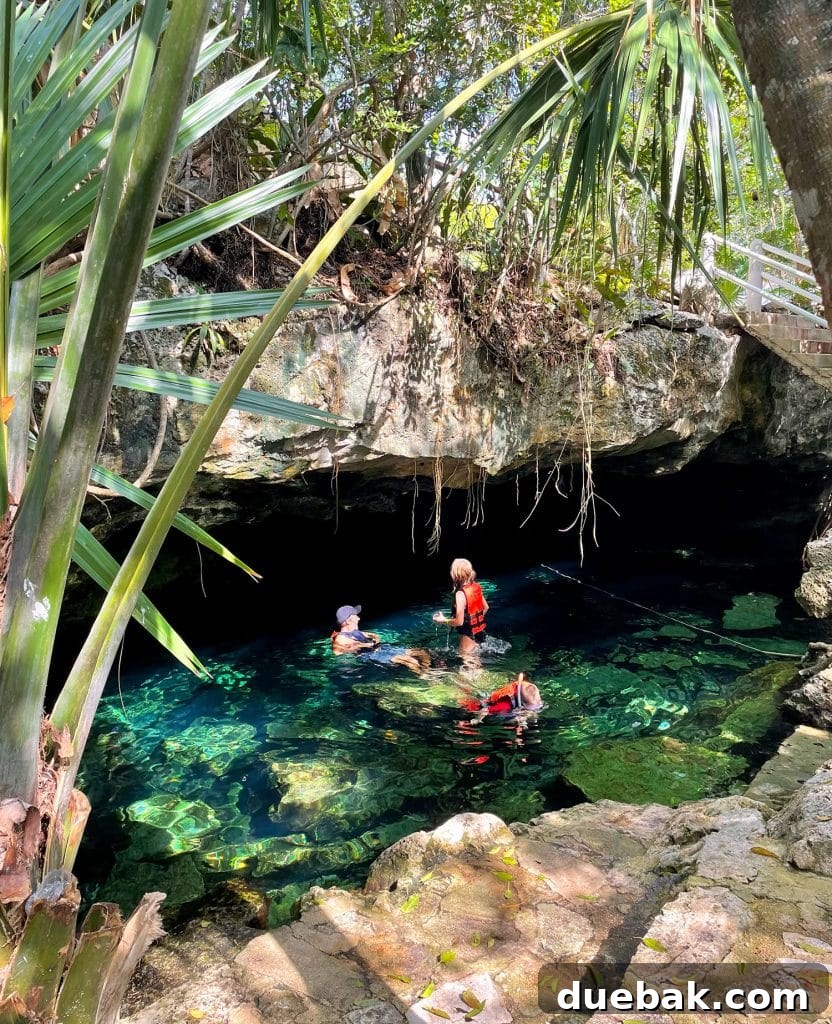 Family Swimming Under Cave At Cenote Cristalino in Akumal Mexico