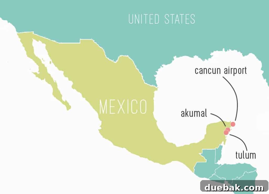 Map Of Mexico With Tulum Akumal Cancun Labeled