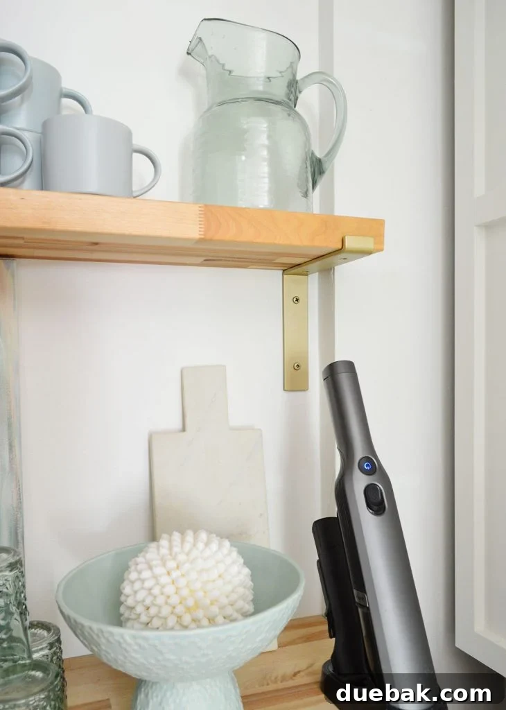 Maximizing Your Utility Closet Space 23 Detail Of Brass Floating Shelf Bracket With Butcher Block Shelf