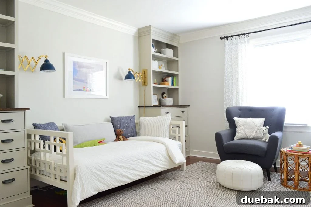 Big boy bedroom with daybed and built-in bookcases