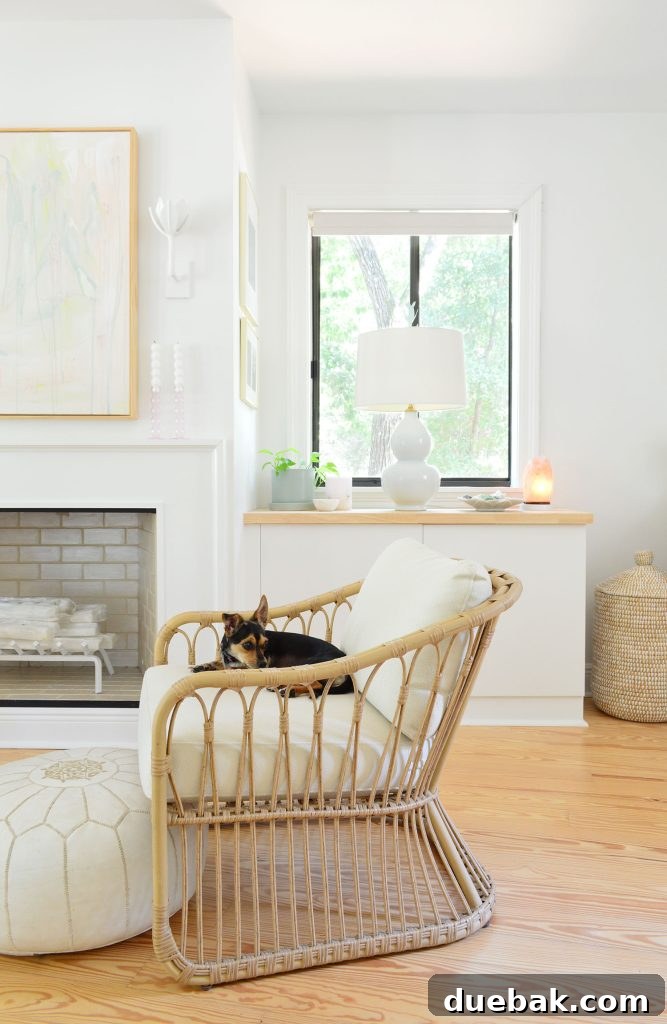 Wicker chair in bedroom with dog sitting on it in front of fireplace
