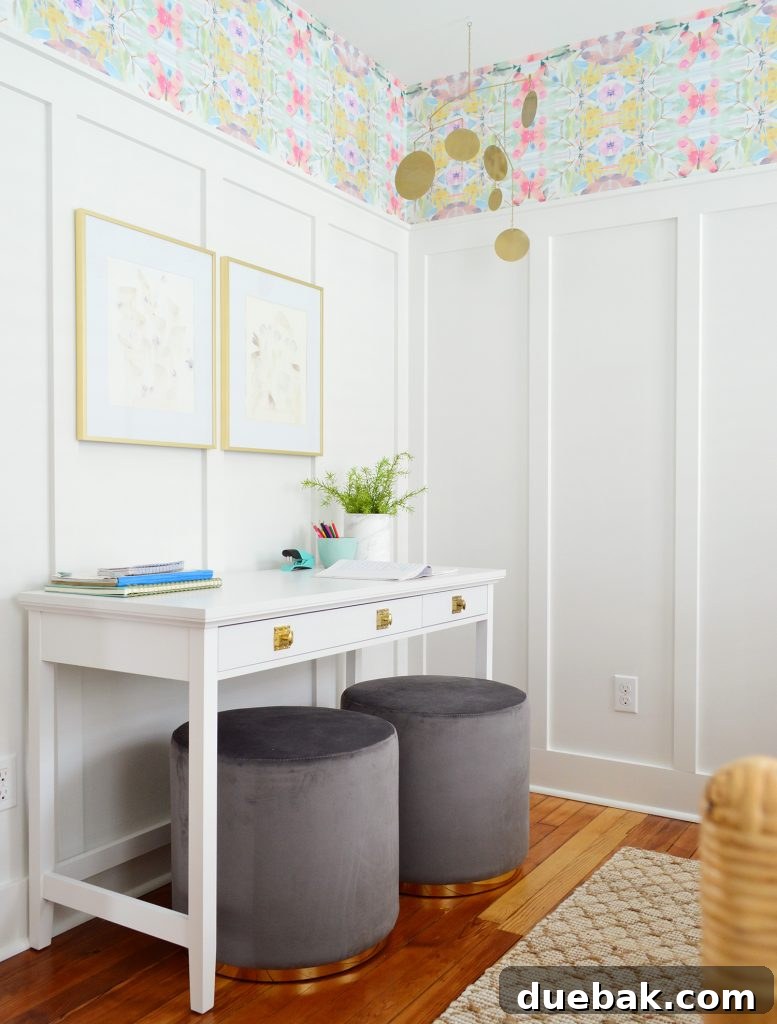 White Writing Desk Against White Board And Batten With Pouf Ottoman Seats