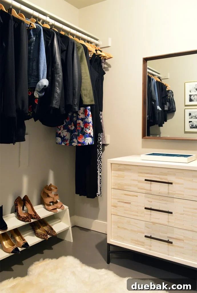 Walk in closet before renovation with dresser and hanging clothes bar
