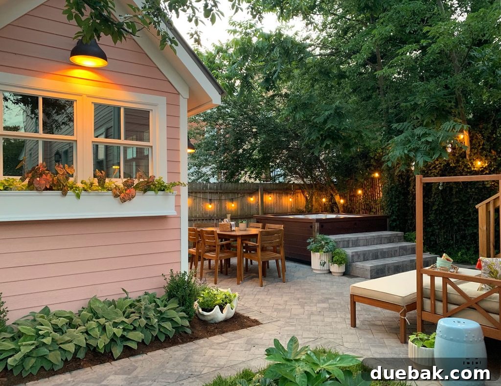 Beach house backyard with paver patio and pink shed