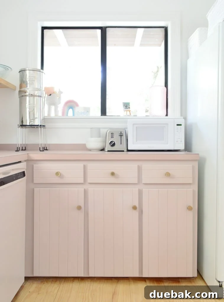 Upgrade Your Old Cabinets with Invisible Hinges 4 After photo of painted kitchen cabinets with hidden hinges on frames