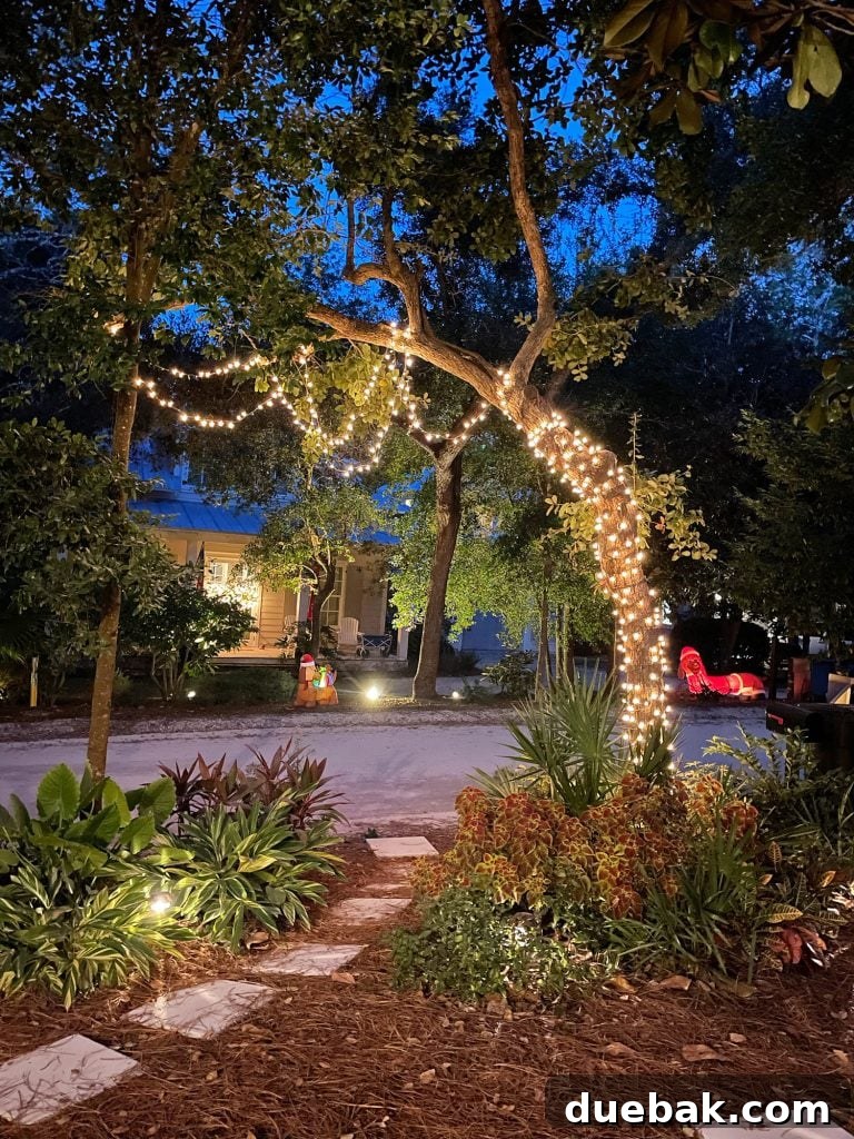 Beautifully draped warm white Christmas lights on an outdoor tree, creating a soft and inviting holiday glow.