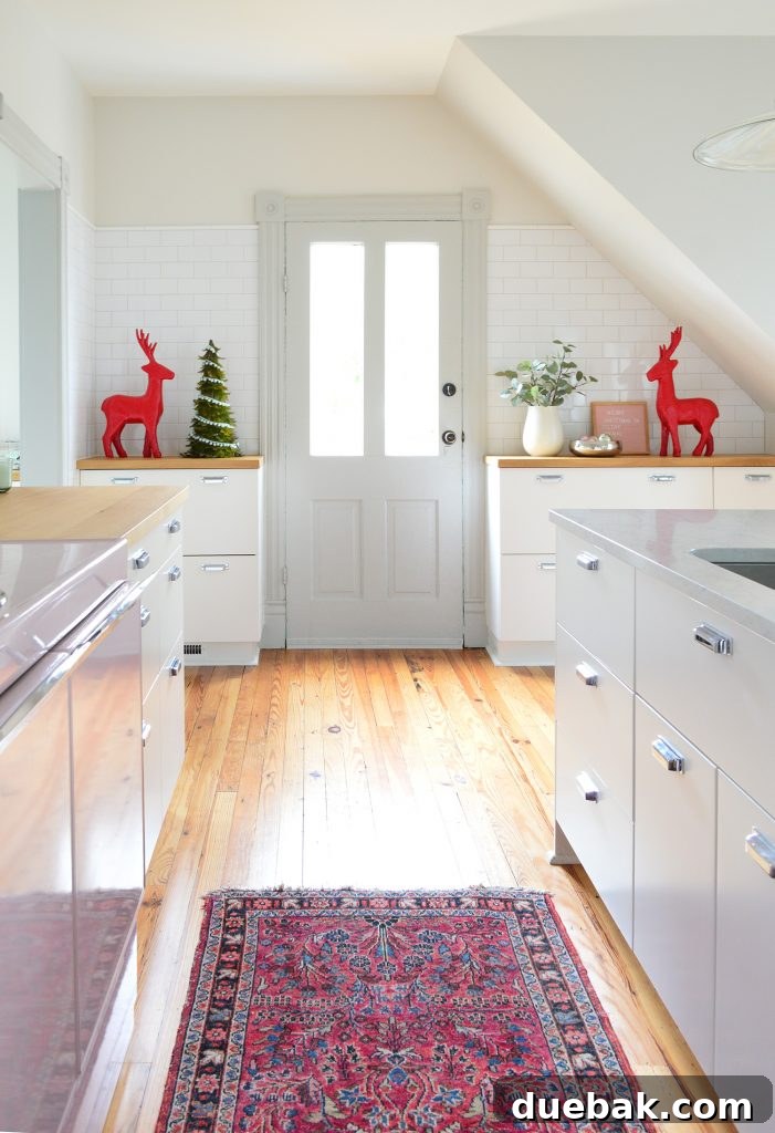 A charming vintage kitchen in a beach house, featuring vibrant red-painted reindeer flanking the doorway, adding a whimsical holiday touch.