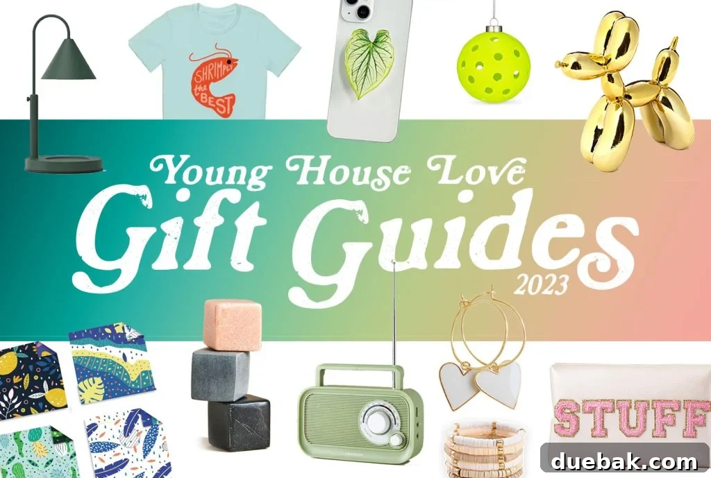 Young House Love 2023 Holiday Gift Guide Banner Graphic, showcasing festive illustrations and inviting readers to discover gift ideas.