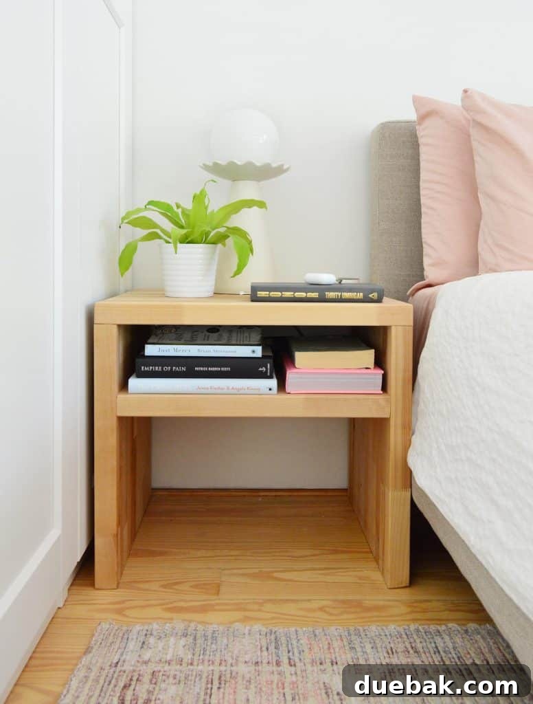 Elevate Your Bedroom with DIY Modern Nightstands 19 Modern Butcher Block Wood DIY Nightstand With Plant And Books, Perfectly Fitted