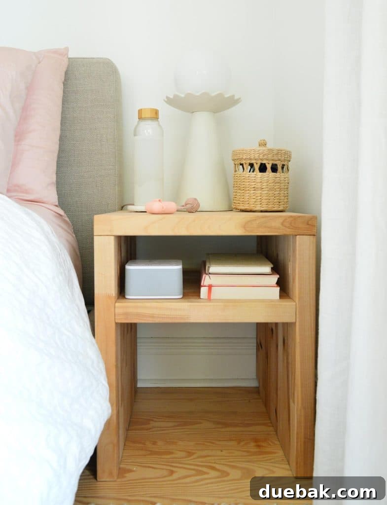 Elevate Your Bedroom with DIY Modern Nightstands 20 Close Up Of Simple Modern DIY Nightstand With Single Shelf and Bedding