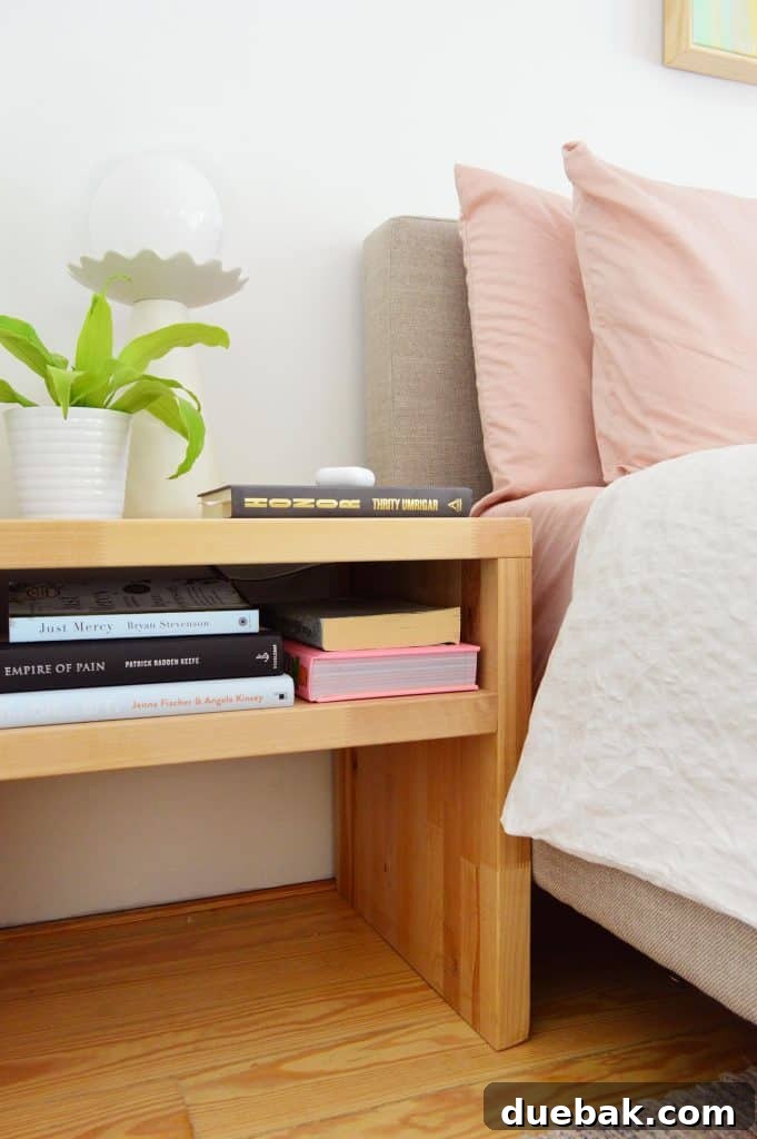 Elevate Your Bedroom with DIY Modern Nightstands 21 DIY Butcher Block Nightstand With Single Shelf Next To Upholstered Bed, Clean and Accessible