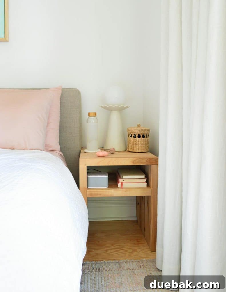 Elevate Your Bedroom with DIY Modern Nightstands 24 Small Wood Butcher Block DIY Nightstand With Modern Lamp And Blackout Curtain