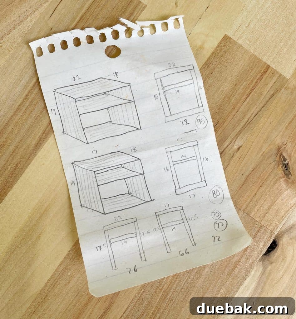 Elevate Your Bedroom with DIY Modern Nightstands 5 Sketches Of DIY Nightstand Ideas On Notebook Paper With Dimensions And Design Considerations