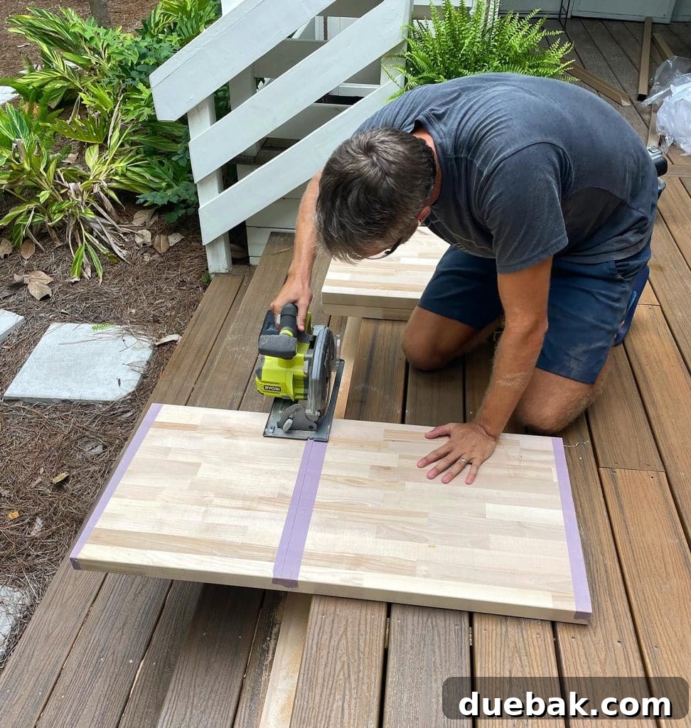 Elevate Your Bedroom with DIY Modern Nightstands 7 John Cutting Butcher Block Using Circular Saw On Porch With Safety Goggles