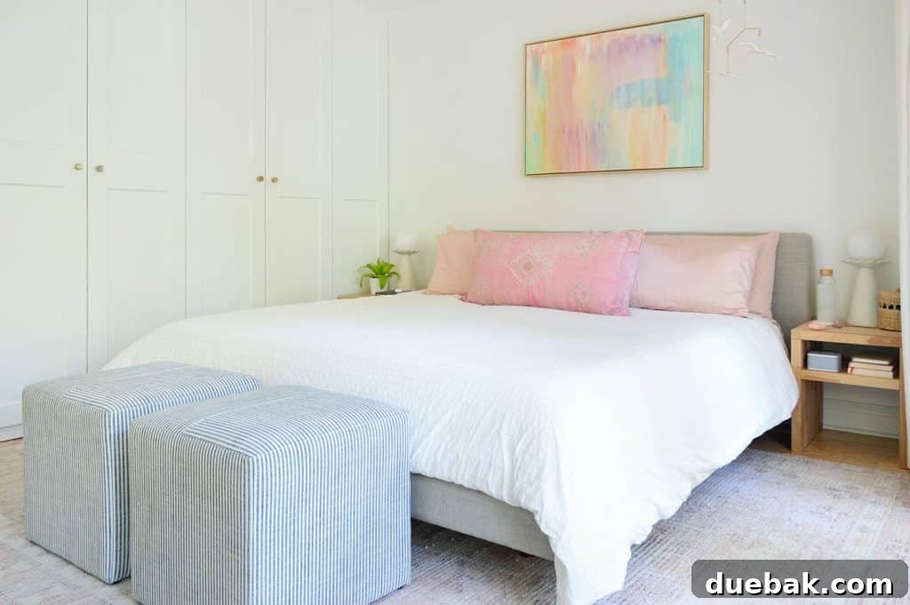 King Size Upholstered Platform Bed With Colorful Abstract Painting And Ikea Pax Wardrobes
