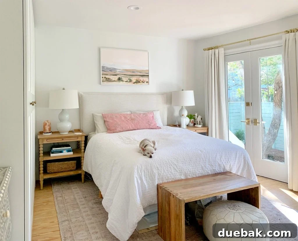 Closer View Of Bedroom with Queen Size Bed Next To Wall of Windows With Chihuahua sleeping on it