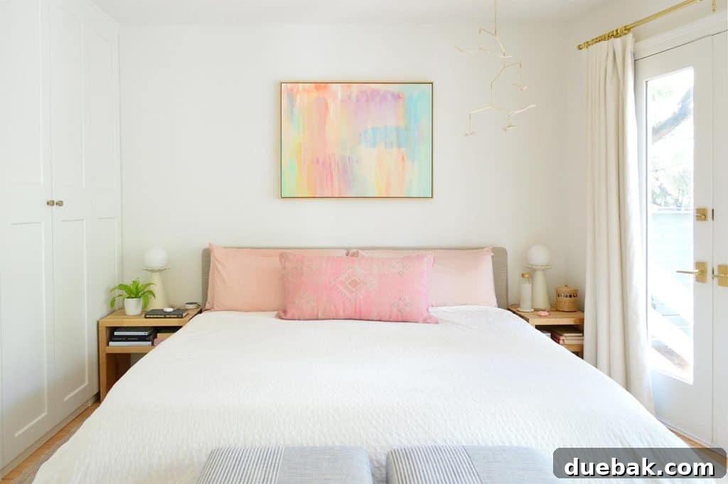 Bright Modern Bedroom With Platform King Bed And Colorful Abstract Painting