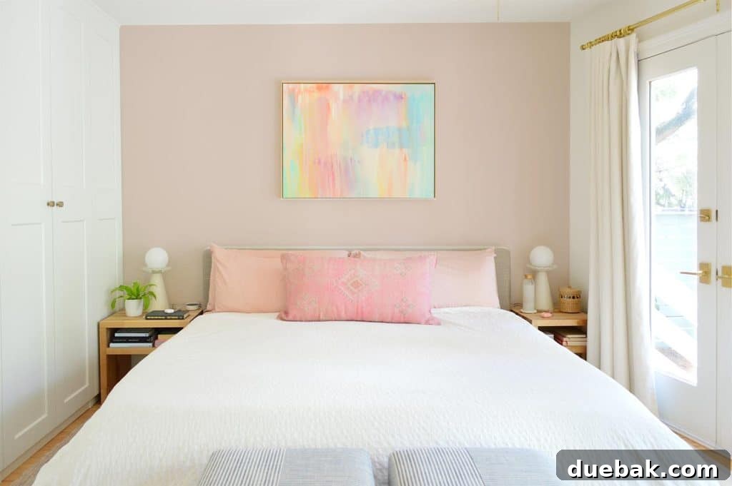 Photo Mock Up Of Bedroom With Pink Accent Wall Behind Platform Bed