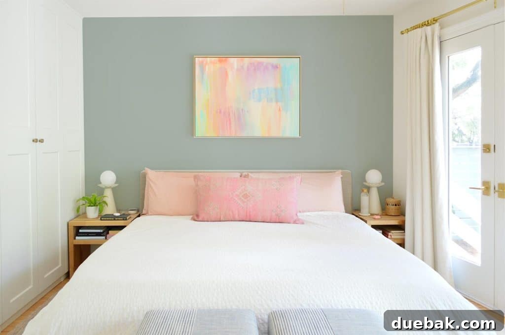 Photo Mock Up Of Muted Blue Wall Behind King Platform Bed