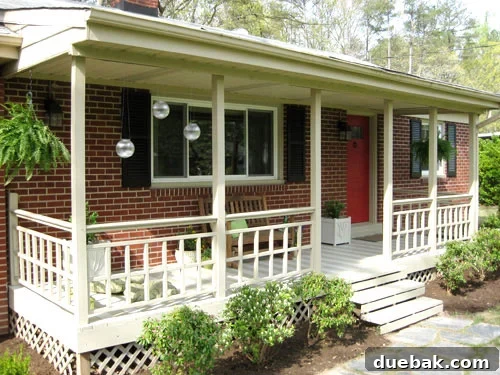 Beautiful striped porch with hanging lanterns after completion of painting