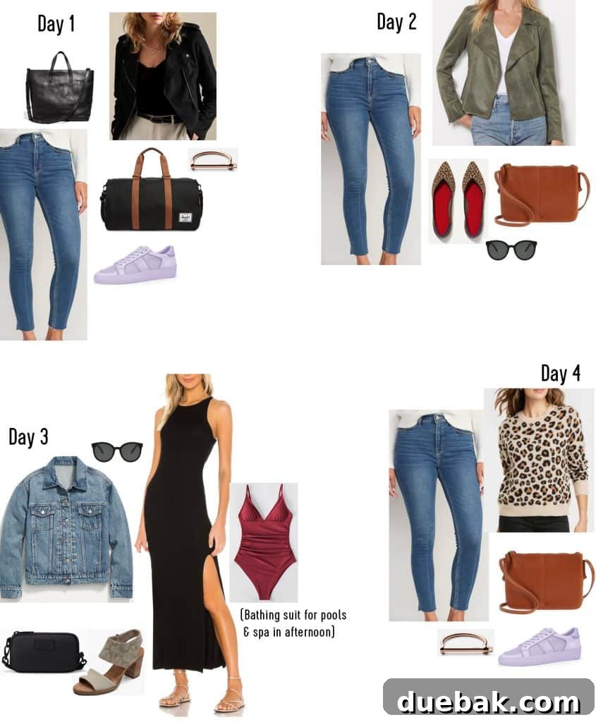 Parisian Chic Packing Secrets 23 Grid of Day 1 through Day 4 outfits with different combos of jeans tops jackets shoes and purses