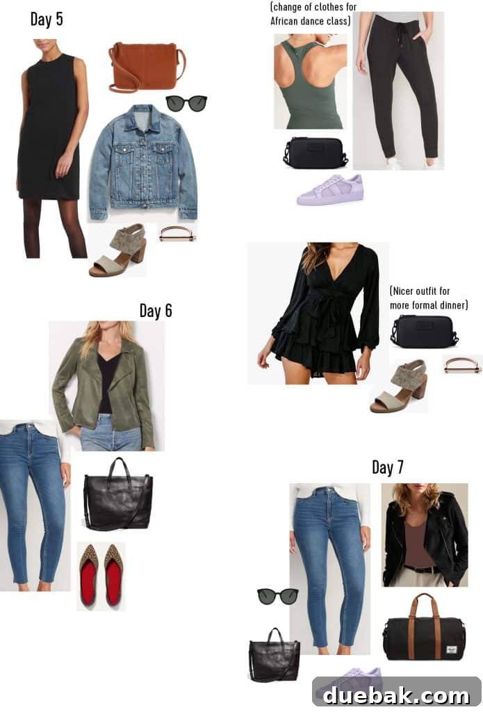 Parisian Chic Packing Secrets 24 Grid of Day 5 through Day 7 outfits with different combos of jeans tops jackets shoes and purses