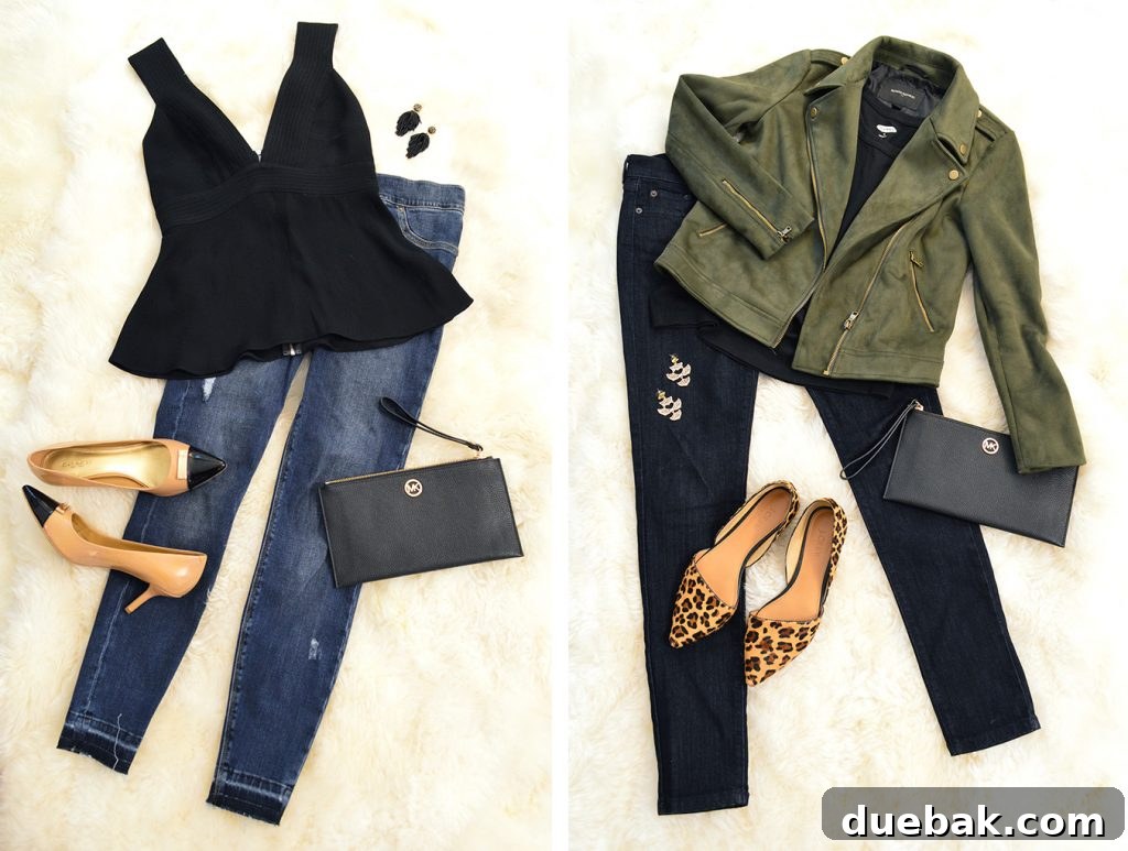 Parisian Chic Packing Secrets 36 Two flat lay outfit combinations with jeans and jackets and purses and shoes and accessories