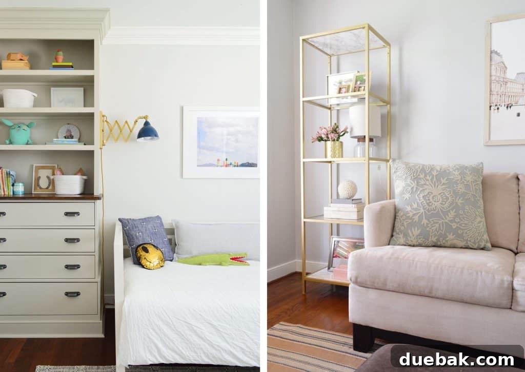 Side by side of built in book case Ikea Hack and brass spray painted glass shelf