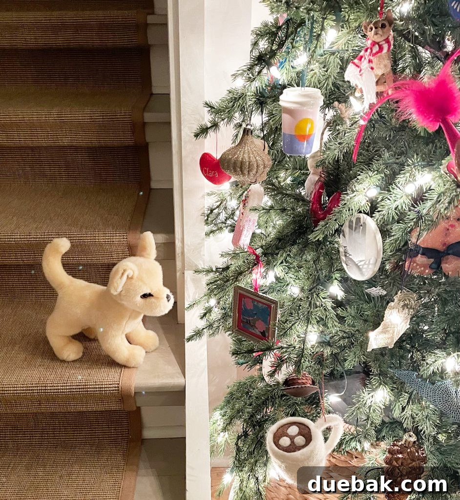 Joyful Simplicity: Our Holiday Edit 7 Chihuahua stuffed animal looking at Christmas tree ornaments, a poignant holiday moment