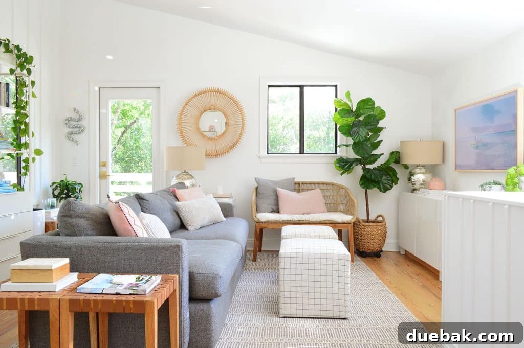A warm and inviting family living room adorned with a comfortable Crate & Barrel Loft Sofa, complemented by stylish woven accents that enhance the room's texture and coziness.