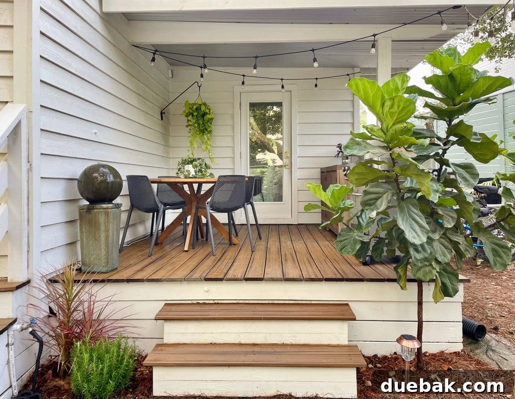 Full View of Kitchen Porch With Outdoor Table Fountain And Fiddle Leaf Fig, creating a serene outdoor ambiance.