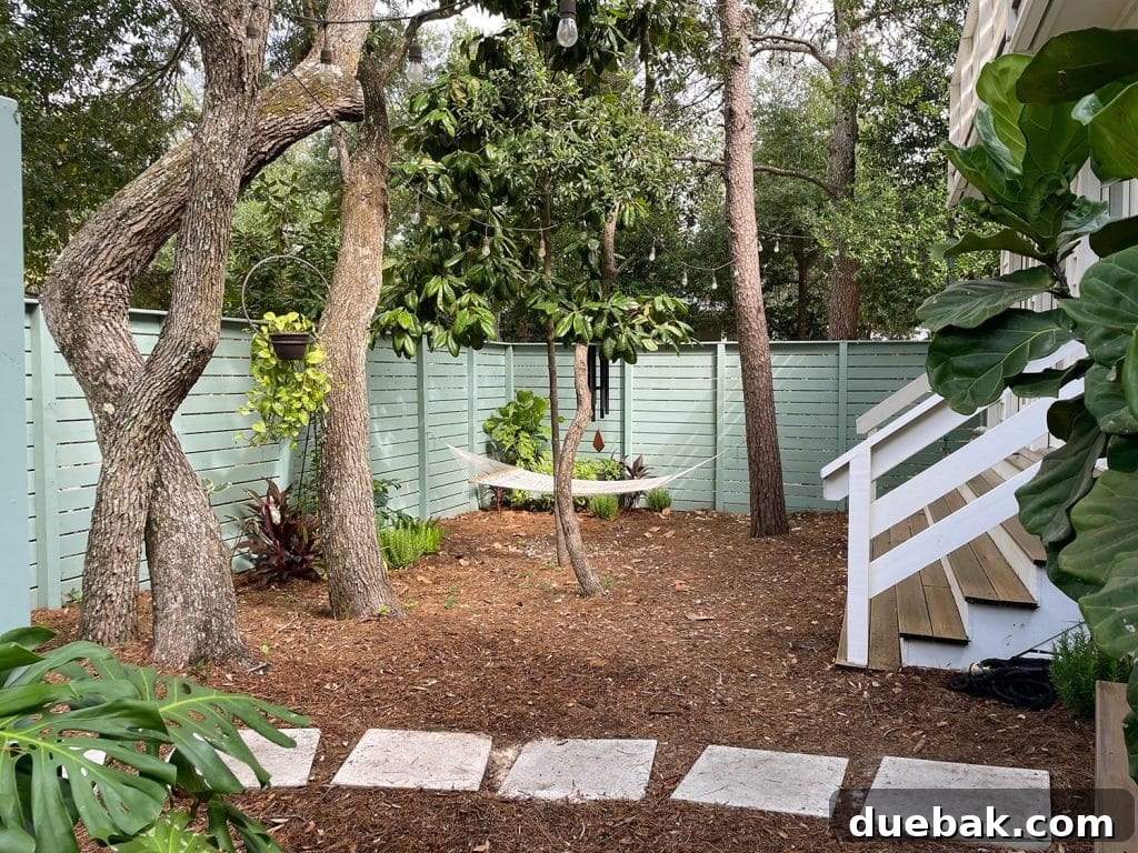 Full View Of Side Yard With Hammock Hanging Among Trees, inviting relaxation in a natural setting.