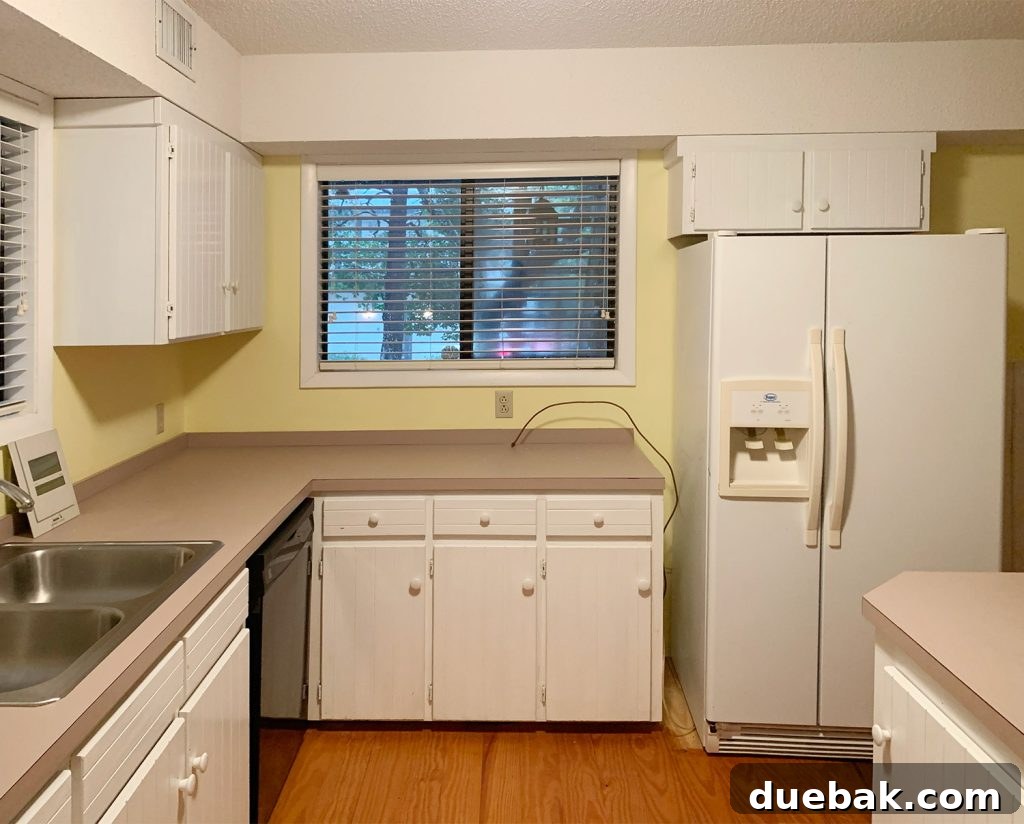 Kitchen Before Photo With Pink Counters And Yellow Walls, illustrating the initial state of the kitchen prior to renovation.