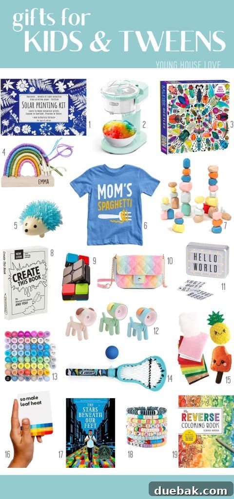 A vibrant collage of holiday gift ideas for kids and tweens, featuring a solar printing kit, a shave ice maker, puzzles, and craft supplies.
