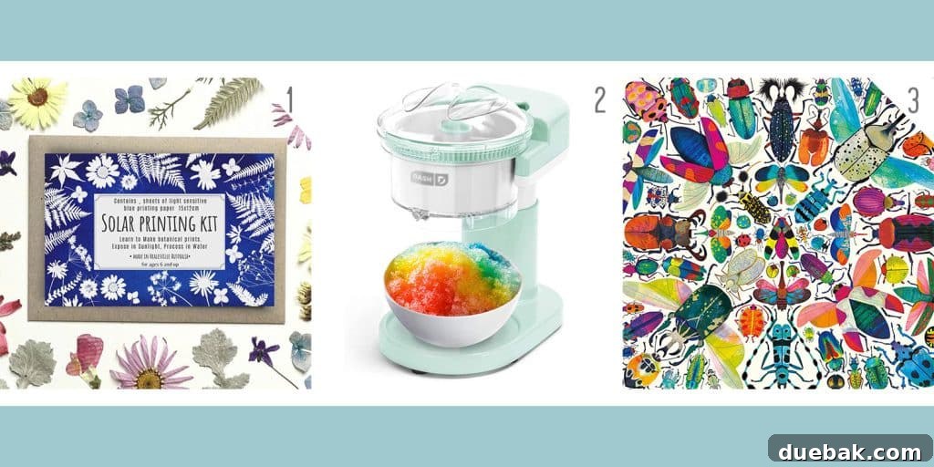 Holiday gift ideas for children and tweens: a solar printing kit, a shave ice maker, and an intricate beetle puzzle.
