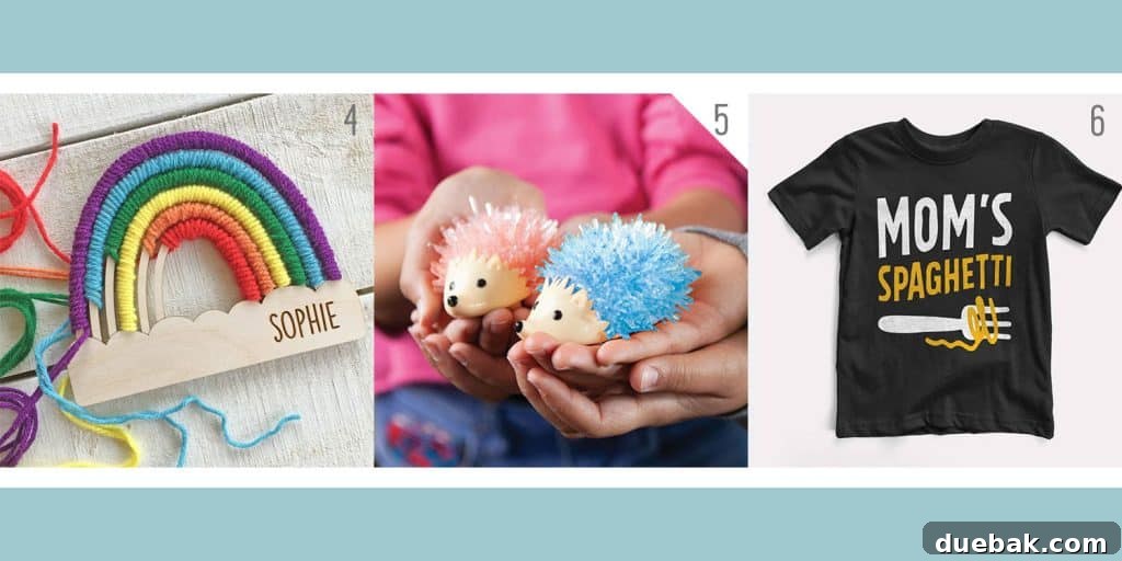 A selection of holiday gifts for kids and tweens: a rainbow craft kit, a crystal hedgehog growing kit, and a humorous 'Mom's Spaghetti' shirt.